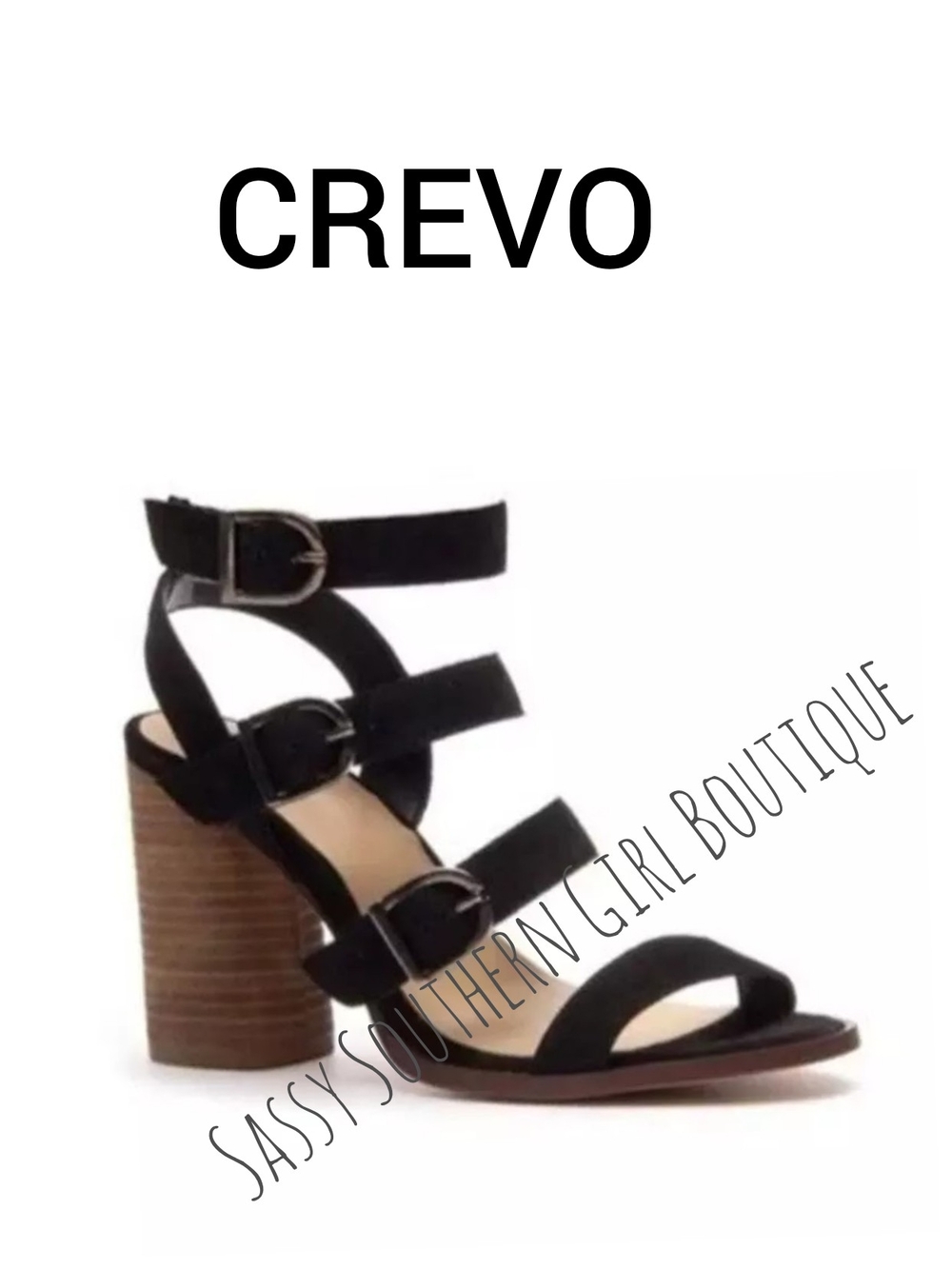🆕⭐Crevo Black Suede Strappy Block Heel Sandals
